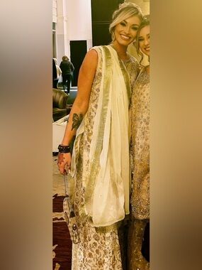Beige & Gold Embellished Sleeveless Party Dress
